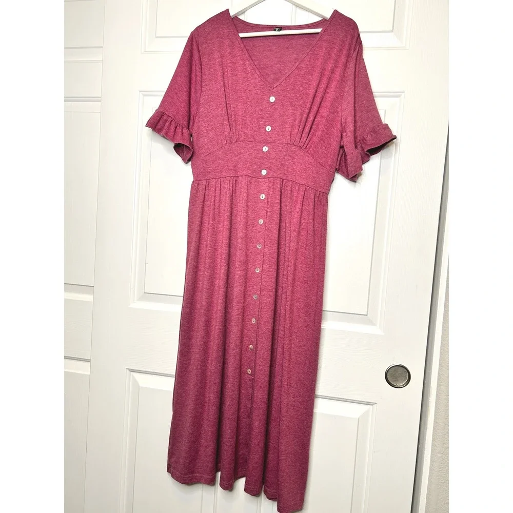 Allegra K V Neck Button Front Ruffle Sleeve‎ Midi Dress Fuchsia XL